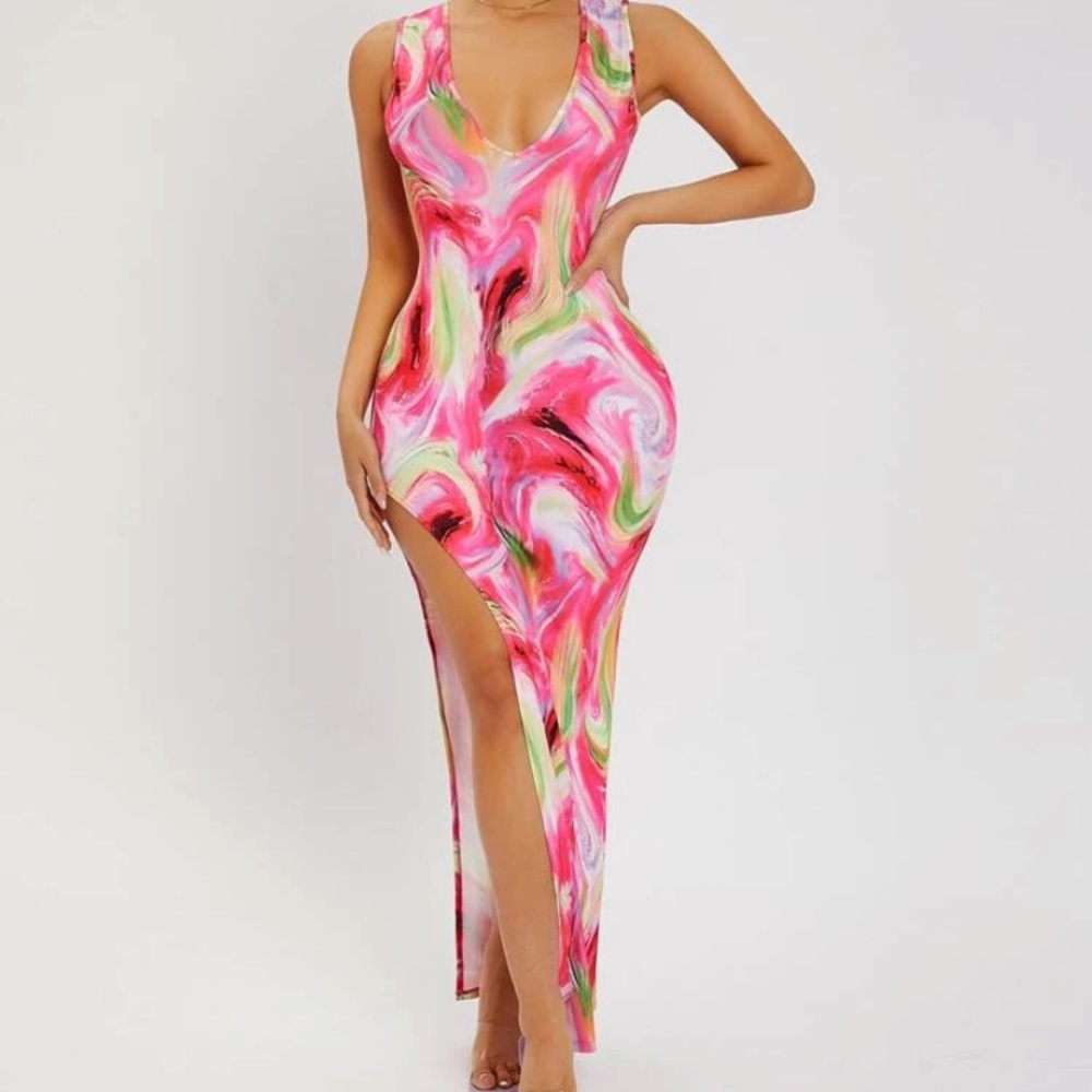 Marbled Print High Split Dress - image 4
